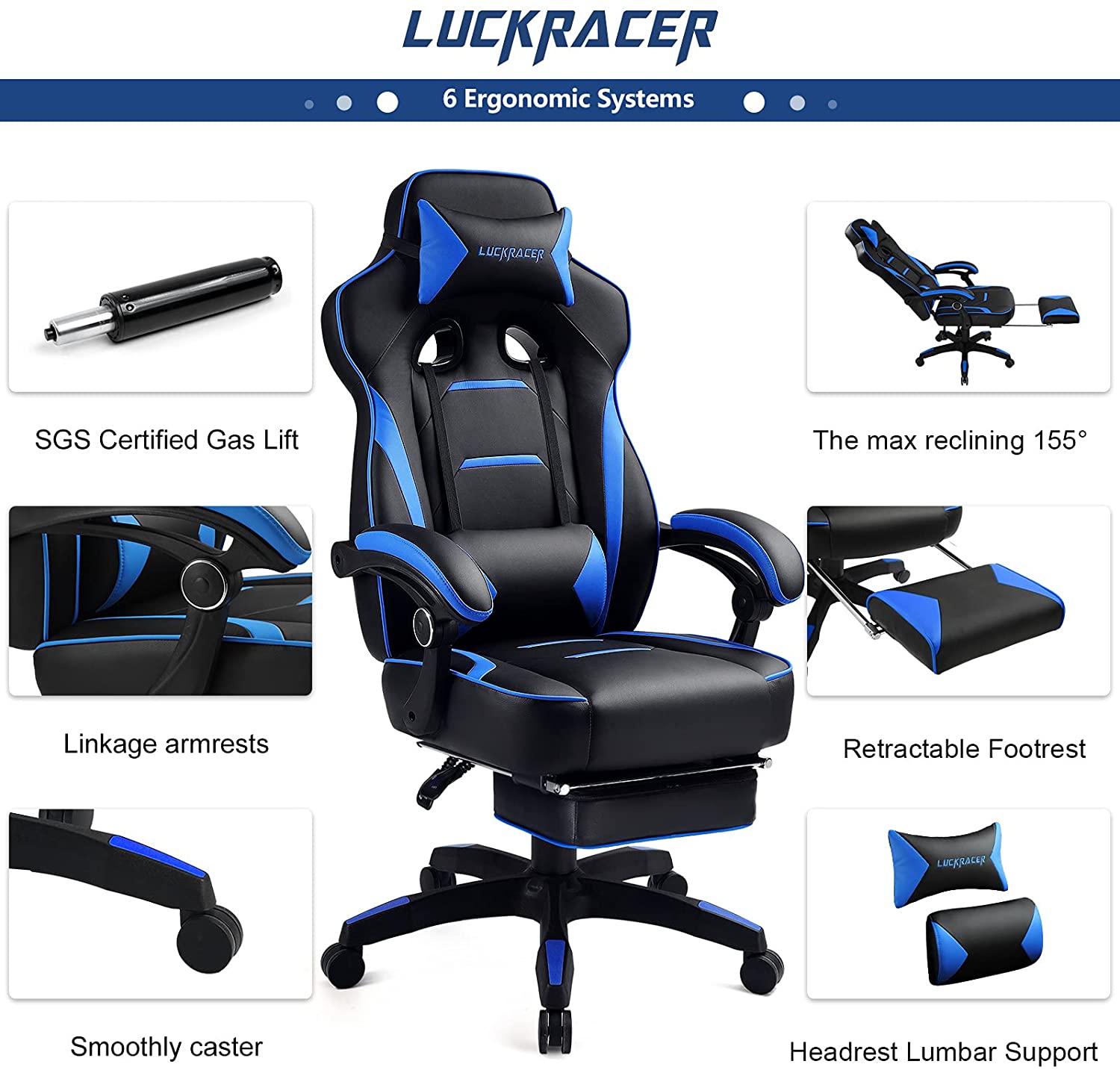 Office Gaming Chair Adjustable Lift Recliner Ergonomic PU Leather Swivel Chair 